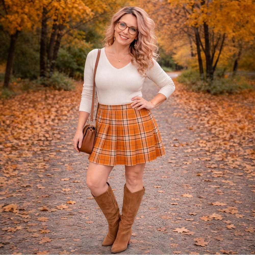 Topshop Orange Plaid Pleated Mini Skirt Size 10 Fall Academia Preppy Y2K